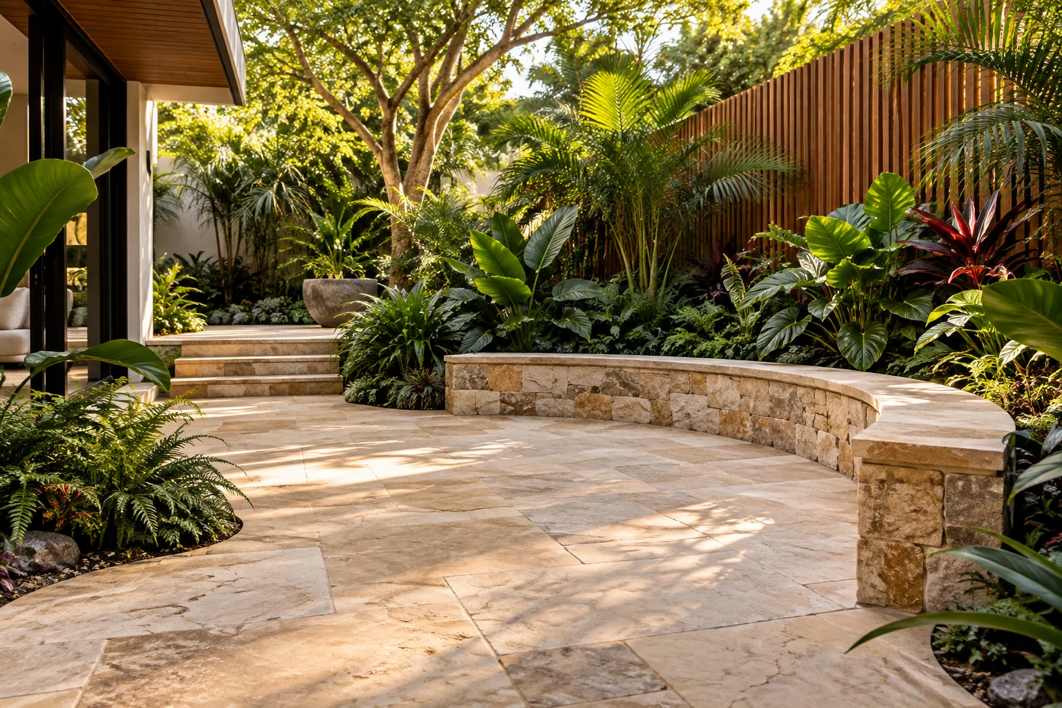 Courtyard concept with natural stone and layered planting